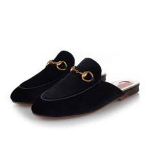 Wanted Black Velvet Slip-On Mules with Gold Horsebit